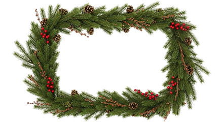 Christmas frame with pine cones and red berries on green branches on transparent background