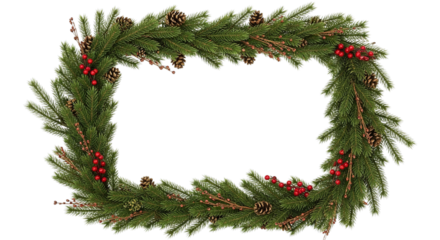Christmas frame with pine cones and red berries on green branches on transparent background