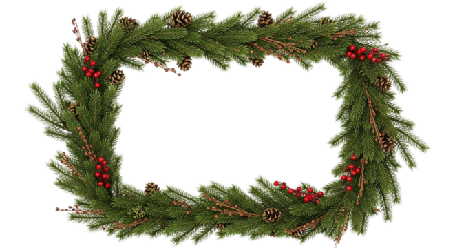 Christmas frame with pine cones and red berries on green branches on transparent background
