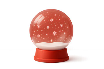 : A stylized, graphic-design snow globe with a smooth, matte red base. Minimal snow and soft stars float inside, placed on a flat grey background for a modern look.