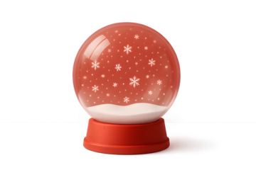 : A stylized, graphic-design snow globe with a smooth, matte red base. Minimal snow and soft stars float inside, placed on a flat grey background for a modern look.