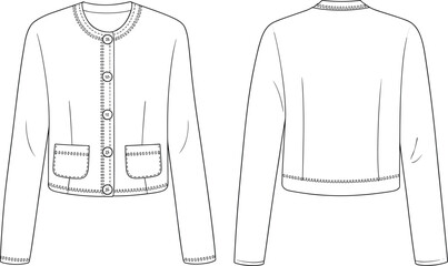 Women's jacket sketch, long sleeve design, round neckline, button front, fashion flat drawing, garment template, front and back view