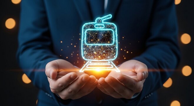 Businessman holding glowing digital train icon in hands.