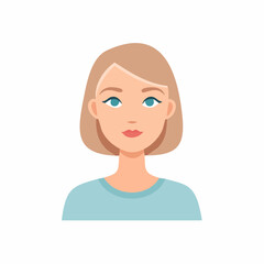 Woman's face in minimalist style, with bob haircut and blue eyes