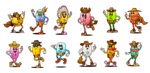 Cartoon groovy micronutrient and vitamin characters. Funky groovy pills vector personages of multivitamin Wild West cowboy, sheriff and Western bandit. Retro groovy vitamin characters with cowboy hats