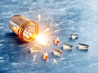 An overturned bottle of pills spills out onto a dark, textured surface, with bright sparks and light flares emanating from the opening.
