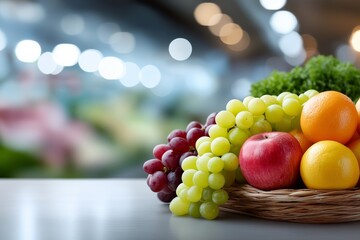 Naklejka premium Close up of colorful fresh produce including grapes, apples, and oranges in a woven basket, displayed beautifully in a blurred supermarket setting with vibrant ambiance