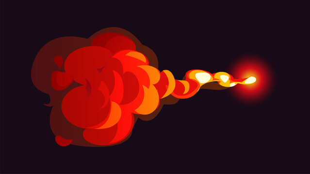 Cartoon magic red smoke effect, fireball with flame and smoke swirl. Vector explosion glowing with hot energy and dynamic burning shapes on dark background. Fantasy cloud with sparks and light
