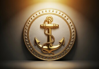 Elegant golden anchor emblem with rope on a round textured white background, symbolizing stability and security, for financial and maritime concepts.