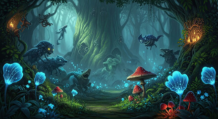 Mystical Forest with Glowing Flora and Mythical Creatures in a Dreamy Landscape, Emitting Eerie Vibes and Dark Magic, Perfect for