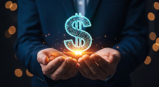 Businessman holding glowing dollar sign, representing financial growth and investment success. - Powered by Adobe