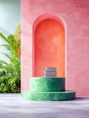 A stack of books rests on a green pedestal in a vibrant, modern architectural setting with tropical foliage.
