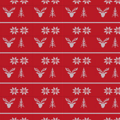 Red Christmas Seamless Knit Pattern with Reindeer, Trees and Snowflakes &ndash; Winter Holiday Sweater Texture Design