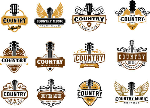 Country music club icons with vector acoustic guitars. Old american bar, cowboy saloon and night club isolated symbols set. Western folk and country music guitar instruments, golden wings and picks