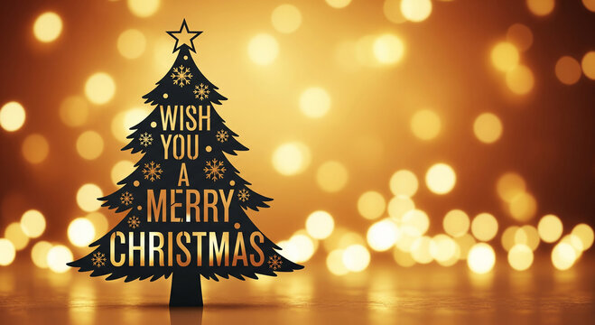 A festive christmas tree silhouette with golden bokeh lights and the text wish you a merry christmas for a warm and inviting holiday season