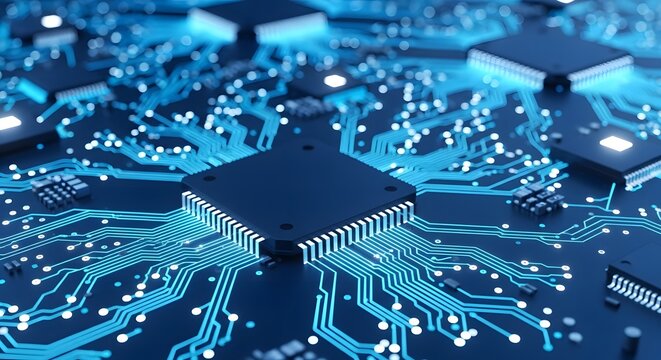 Advanced computer circuit board with glowing blue data pathways