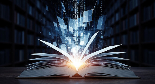 Magical open book with glowing light and digital particles rising in a dark library scene