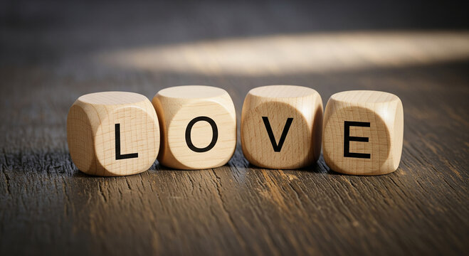 Wooden blocks spelling out the word love on a rustic wooden surface, creating a warm and inviting atmosphere with a focus on affection - Powered by Adobe