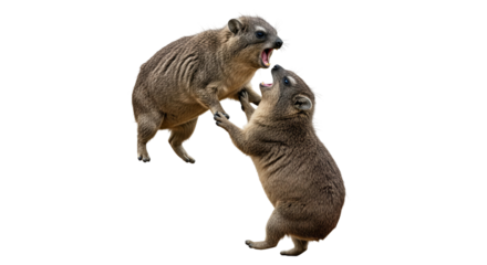 Two Hyraxes Play Fighting Aggressively with Open Mouths and Sharp Teeth on a Transparent Background