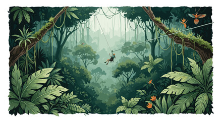 Thrilling view of a person zip-lining high above the canopy of a lush and dense tropical jungle on an adventure tour.