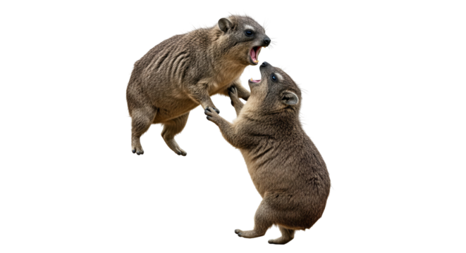 Two Hyraxes Play Fighting Aggressively with Open Mouths and Sharp Teeth on a Transparent Background