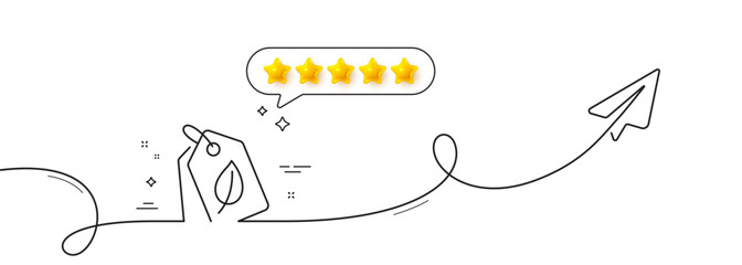 Bio shopping tags line icon. Continuous line with share plane. Leaf sign. Natural products symbol. Five star rate review in speech bubble. Bio tags single line ribbon. Loop curve pattern. Vector