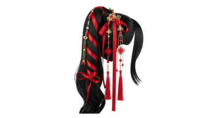 Hair with red ribbons and decorative tassels on a black background on transparent background