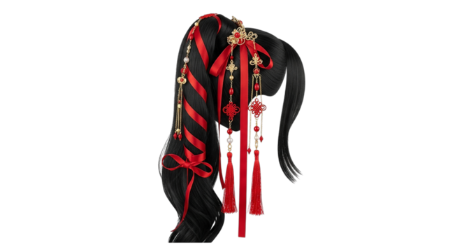 Hair with red ribbons and decorative tassels on a black background on transparent background