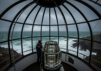 Man in lighthouse cupola observing rough sea waves crashing against rocky coastline on cloudy day, capturing isolation and maritime power.