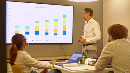 Business colleagues actively participate in a productive meeting, carefully analyzing financial data presented on a large screen. They collaboratively discuss growth and contribution statistics.