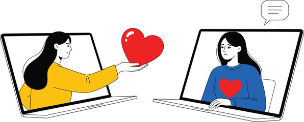 Two women sharing love and emotional support through laptops, symbolizing online connection, virtual friendship, digital compassion and long-distance communication.