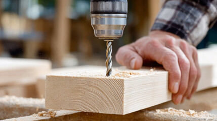 Skilled carpenter using a power drill to create precise holes in a wooden plank, surrounded by sawdust and tools, showcasing craftsmanship and attention to detail