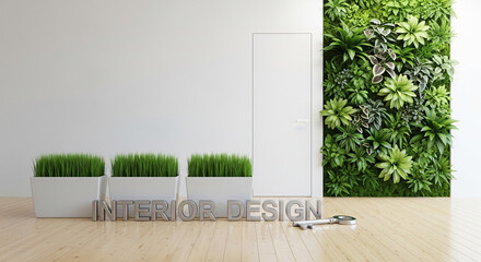 Bright interior design with green wall, plants in pots and text on the floor creating a fresh and modern atmosphere in the room