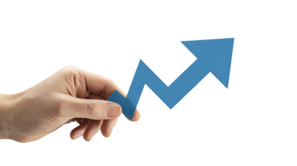 Hand Holding Blue Arrow Pointing Upward on White Background growth isolated on a transparent background