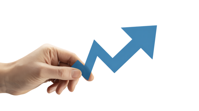 Hand Holding Blue Arrow Pointing Upward on White Background growth isolated on a transparent background