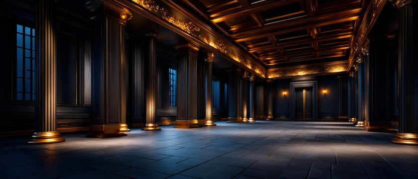 Opulent Grand Hall Interior with Golden Columns and Dramatic Lighting