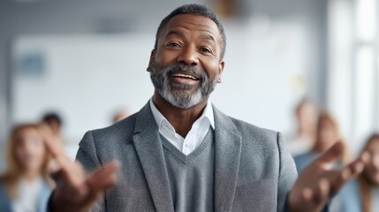 In a bright classroom, an experienced professor stands at the front, sharing his insights with a group of engaged students. Lively expressions show their interest in the topic being discussed