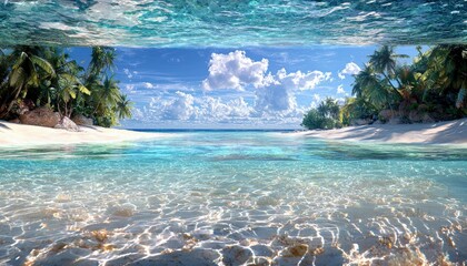 A split-level view shows the underwater world of a tropical beach with clear water and sandy bottom, and the above-water view of a white sand beach lined with p