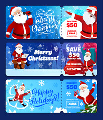 Obraz premium Christmas sale coupons with Santa and gifts. Holiday coupon vector template with promo code for winter shopping promotion. Cartoon banner with Santa making snow angel, holding laptop and microphone