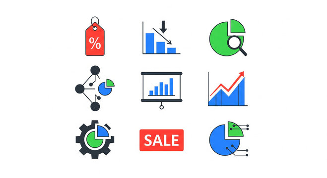 Colorful business chart and graph icon set isolated on white background, representing data analysis and sales performance metrics