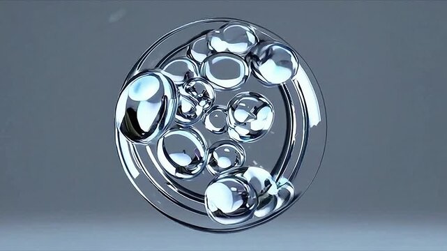A sleek 3D-rendered metallic circle featuring interlocking spheres and reflective surfaces, creating a futuristic abstract design.