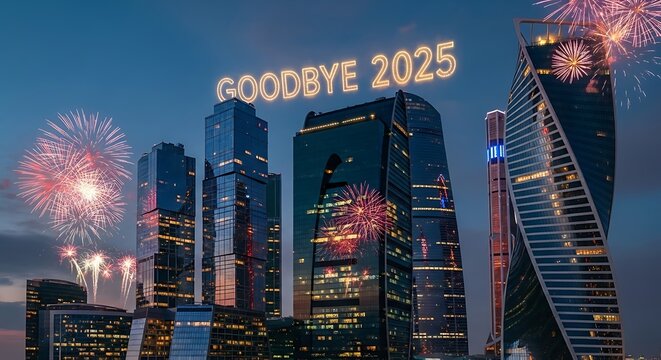 City skyline with fireworks and goodbye message in the night sky