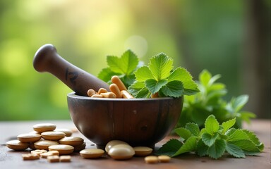 Natural medicine, herbs, mortar. High quality