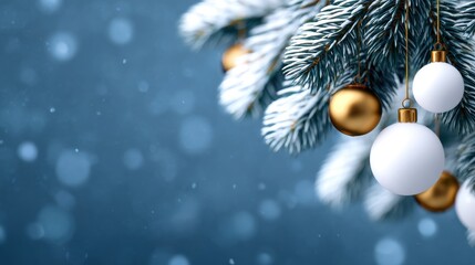 Elegant Christmas Background with Gold and White Ornaments on Frosted Fir Branches