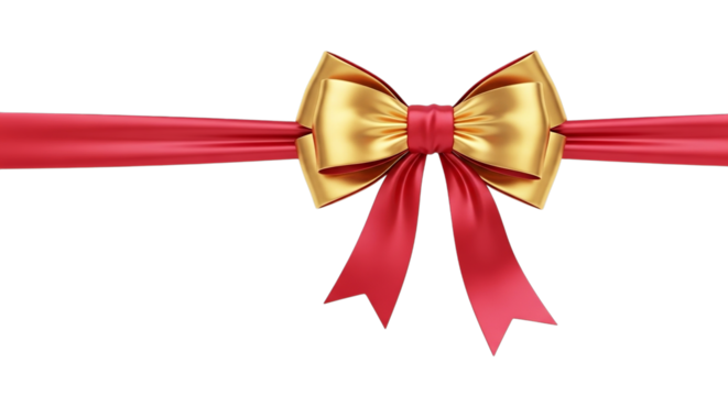 A red and gold ribbon tied in a bow on a black background on transparent background