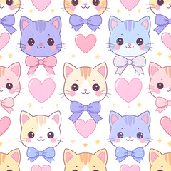 Fototapeta premium Sweet Cats' Pattern: This image showcases a repeating Seamless pattern of adorable cat faces, each adorned with a cute bow, interspersed with heart symbols, creating a charming and cheerful design.