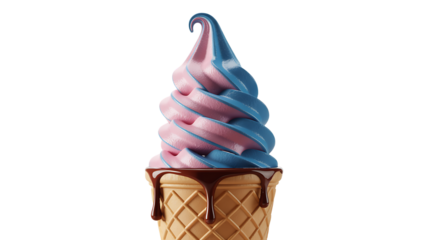 Pink And Blue Swirl Soft Serve Ice Cream Cone isolated on a transparent background