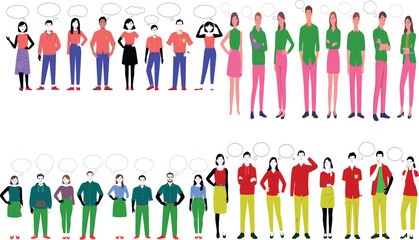 Group of diverse illustrated people standing with blank speech bubbles, modern flat vector characters, communication concept, teamwork, conversation, dialogue template design