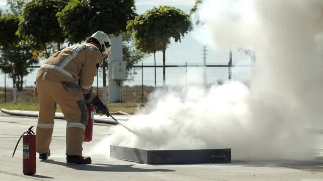 Firefighter extinguishing training fire with extinguisher outdoors