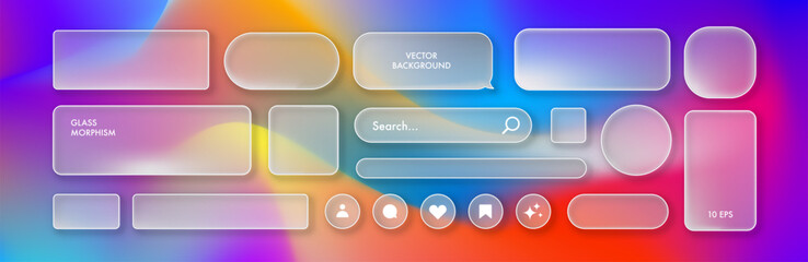 Fototapeta na wymiar Set of modern glassmorphism UI design elements smartphone interface. Transparent frosted glass shapes, icons, and buttons, screen mobile for web, app, banners, and social media projects